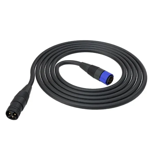 Cable de interconexión Canopy Under negro, enrollado, con conectores circulares en ambos extremos y aro azul en uno de ellos.