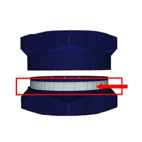 Esquema del grinder Quick SOG separado en dos partes, con la junta gris resaltada mediante un recuadro y una flecha rojos.