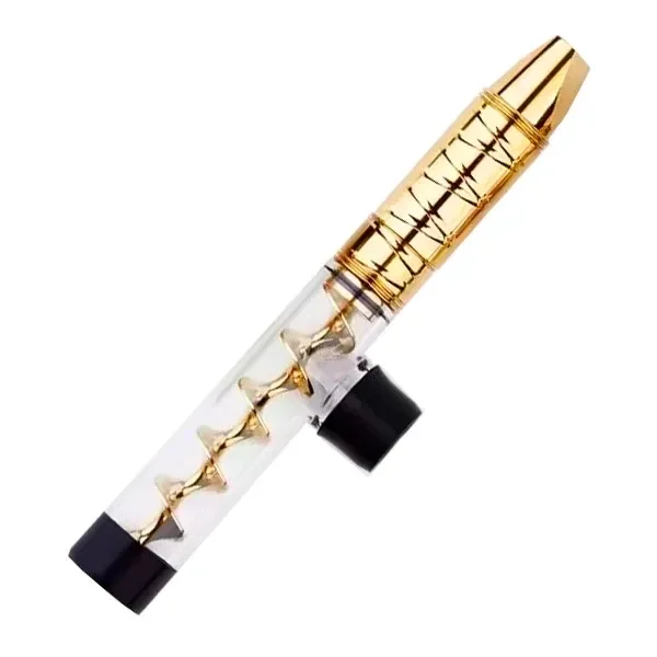Pipa Twisty Blunt en diagonal, con tubo transparente, espiral interior dorada, boquilla dorada y piezas negras.