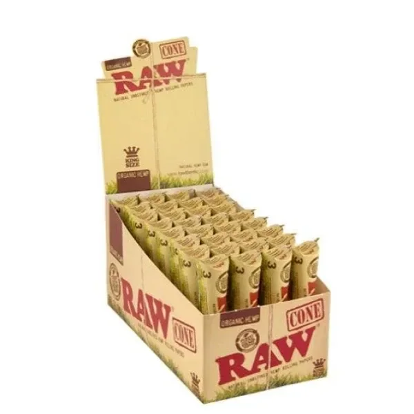 Expositor abierto de conos RAW Organic King Size con varias unidades en envoltorios beige y logotipo rojo, sobre fondo blanco.