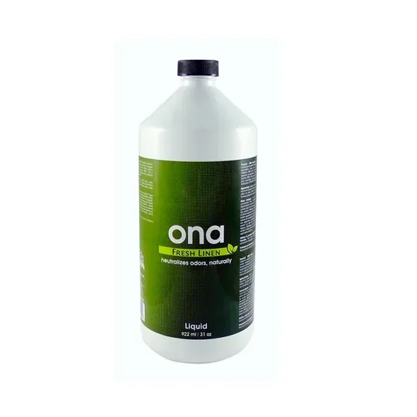 Botella blanca de líquido ONA Fresh Linen con tapón negro y etiqueta verde, vista de frente sobre fondo blanco.