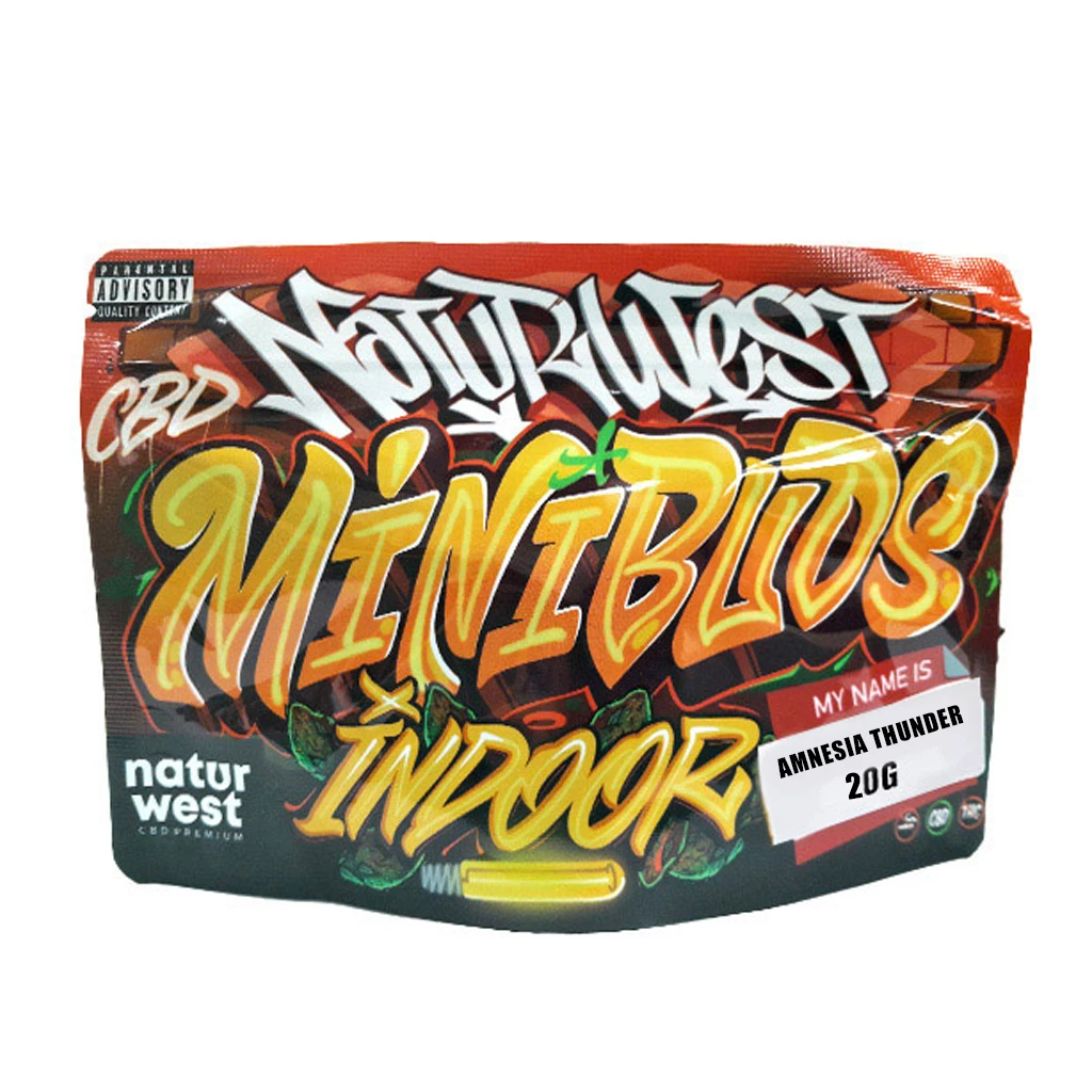 Bolsa Naturwest con diseño de grafiti rojo y amarillo, texto Mini Buds Indoor y etiqueta Amnesia Thunder 20G sobre fondo blanco.