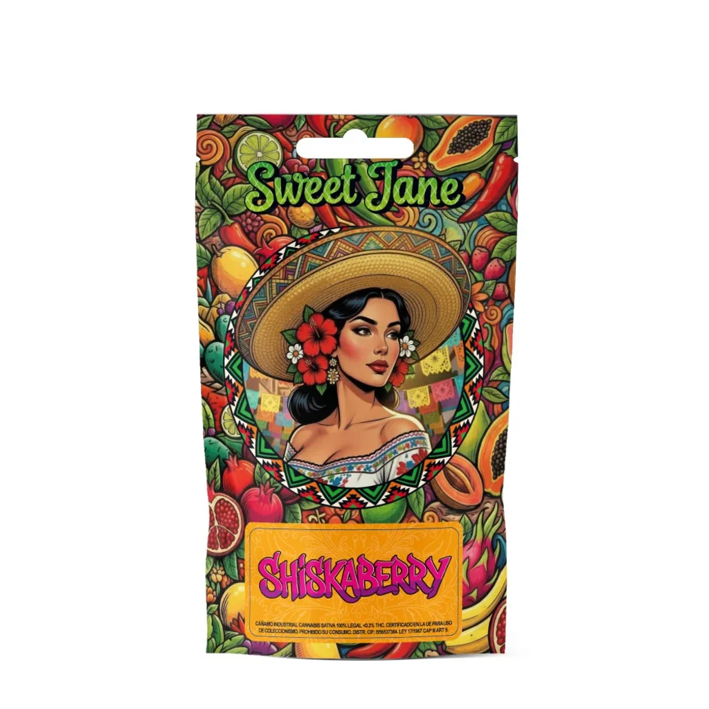Envase Sweet Jane Shiskaberry con ilustración de una mujer con sombrero y flores en el pelo, rodeada de frutas y motivos multicolores.