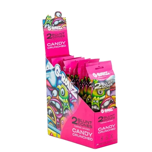 Expositor rosa de conos blunt G-Rollz Candy Crunched con varios sobres ilustrados con personajes de colores y texto de dos conos por sobre.