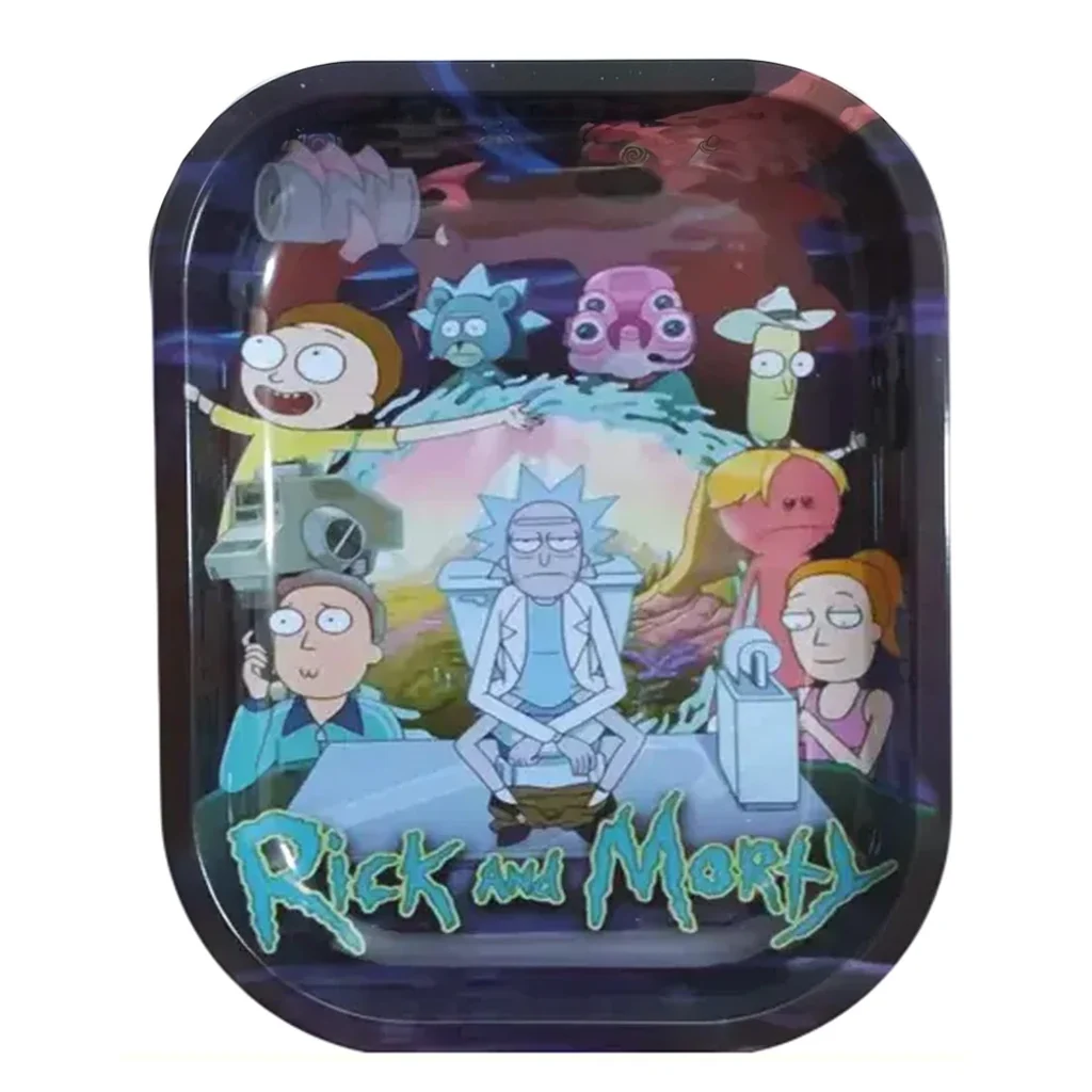 Bandeja de liar Rick Popo con bordes negros redondeados, personajes de Rick y Morty y el nombre de la serie en la parte inferior.