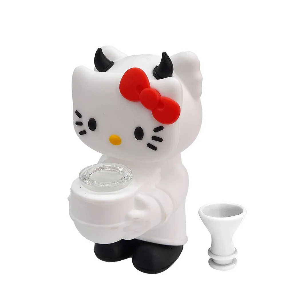 Bong Hello Kitty Devil blanco con lazo rojo, cuernos y zapatos negros, recipiente frontal con abertura transparente y pieza blanca separada.