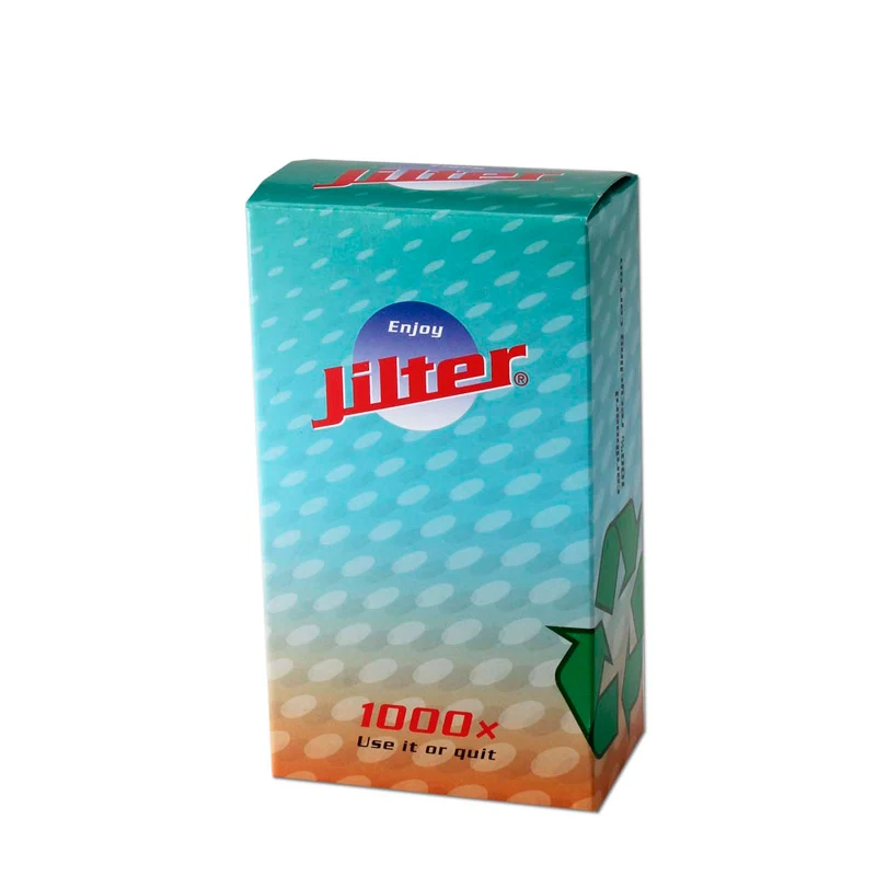Caja de filtros Jilter en tonos turquesa y naranja, con logotipo rojo, motivos ovalados blancos y la inscripción «1000x».