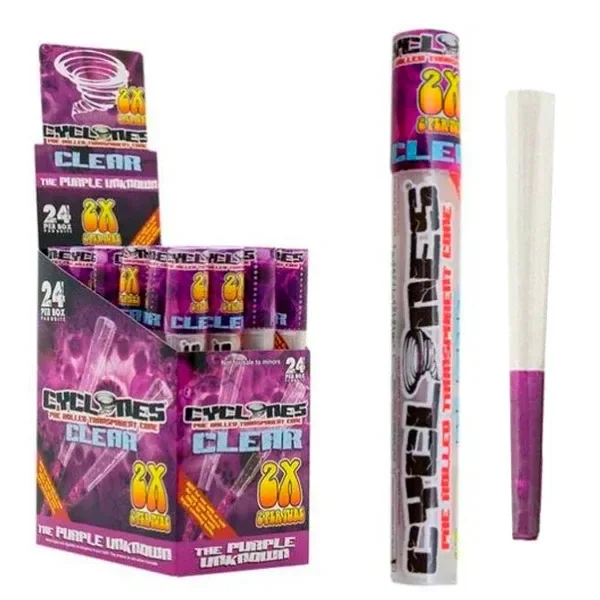 Expositor morado Cyclones Clear Purple junto a un tubo individual y un cono translúcido con boquilla morada, sobre fondo blanco.