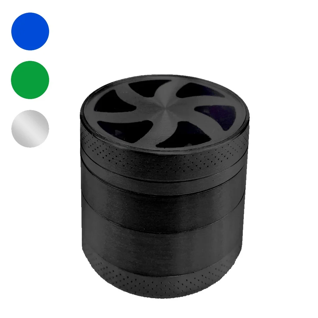 Grinder negro cilíndrico con tapa de aberturas curvas y bordes punteados, junto a muestras de color azul, verde y plateado.