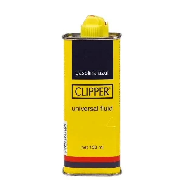 Lata amarilla de gasolina Clipper de 133 ml, con tapón amarillo y etiqueta con los textos «gasolina azul» y «universal fluid».