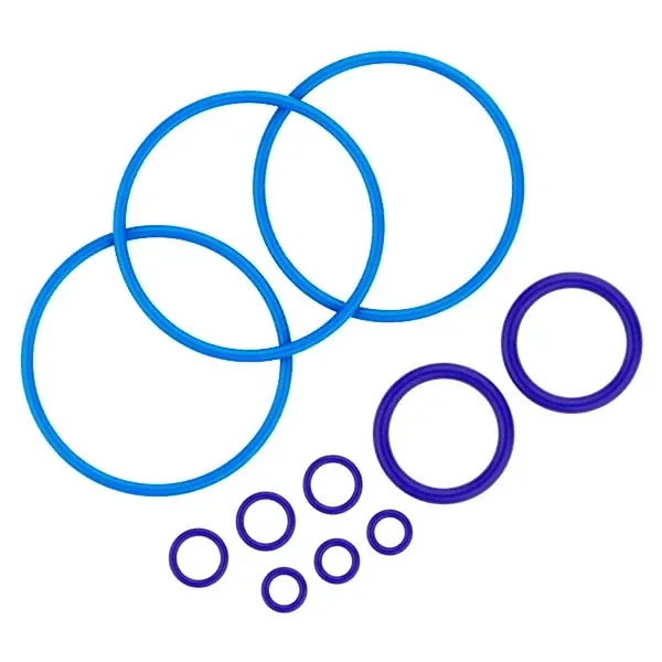 Juntas de sellado Mighty Storz & Bickel, con aros azules grandes y violetas de varios tamaños sobre fondo blanco.