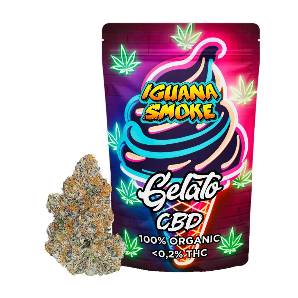 Bolsa de Iguana Smoke Gelato CBD con un helado de colores y hojas dibujadas, junto a un cogollo sobre fondo blanco.