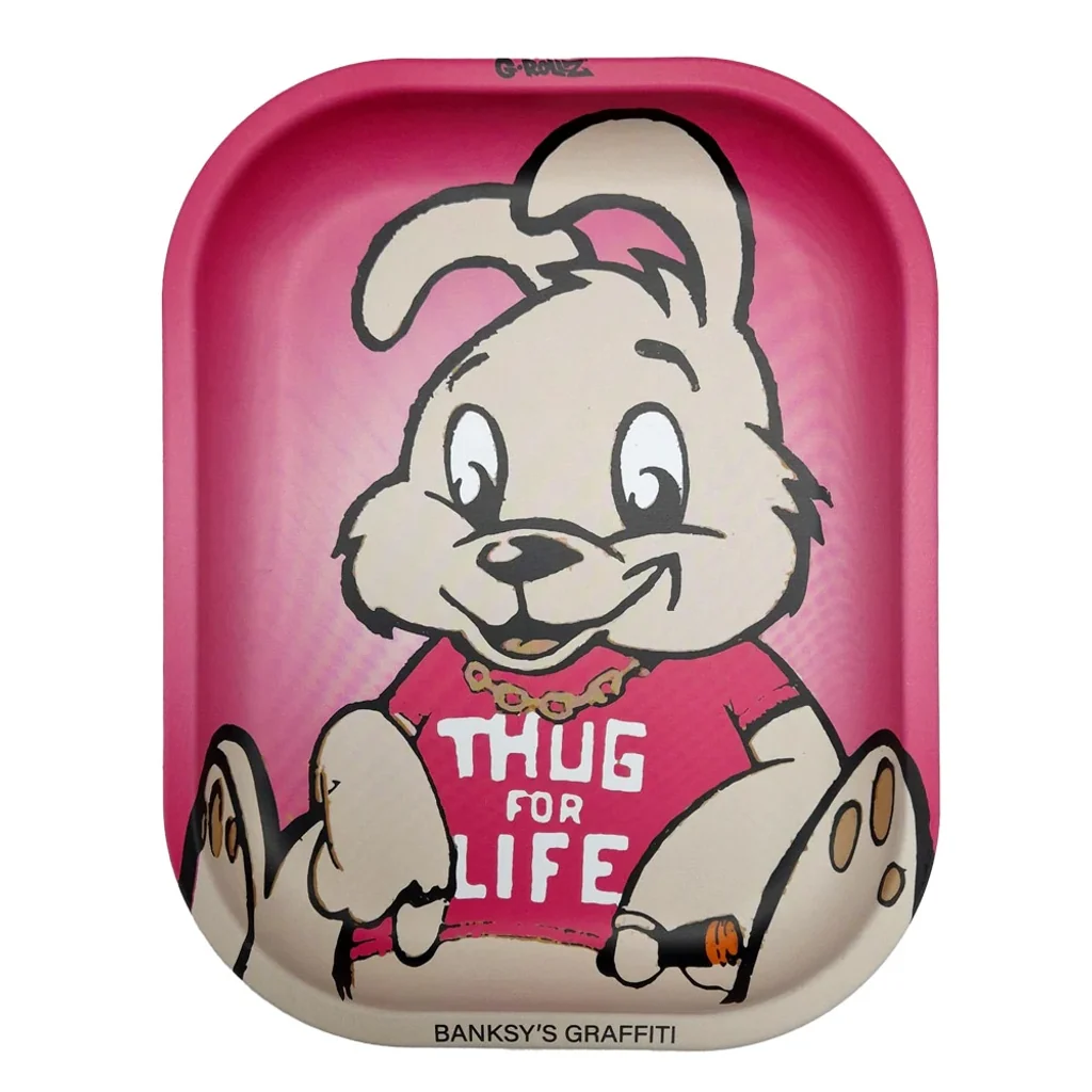 Bandeja G-Rollz rosa con un conejo sonriente que lleva cadena dorada y camiseta con el texto «THUG FOR LIFE».