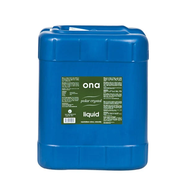 Bidón azul de Ona Líquido Polar Crystal con asa superior integrada y etiqueta verde, sobre fondo blanco.