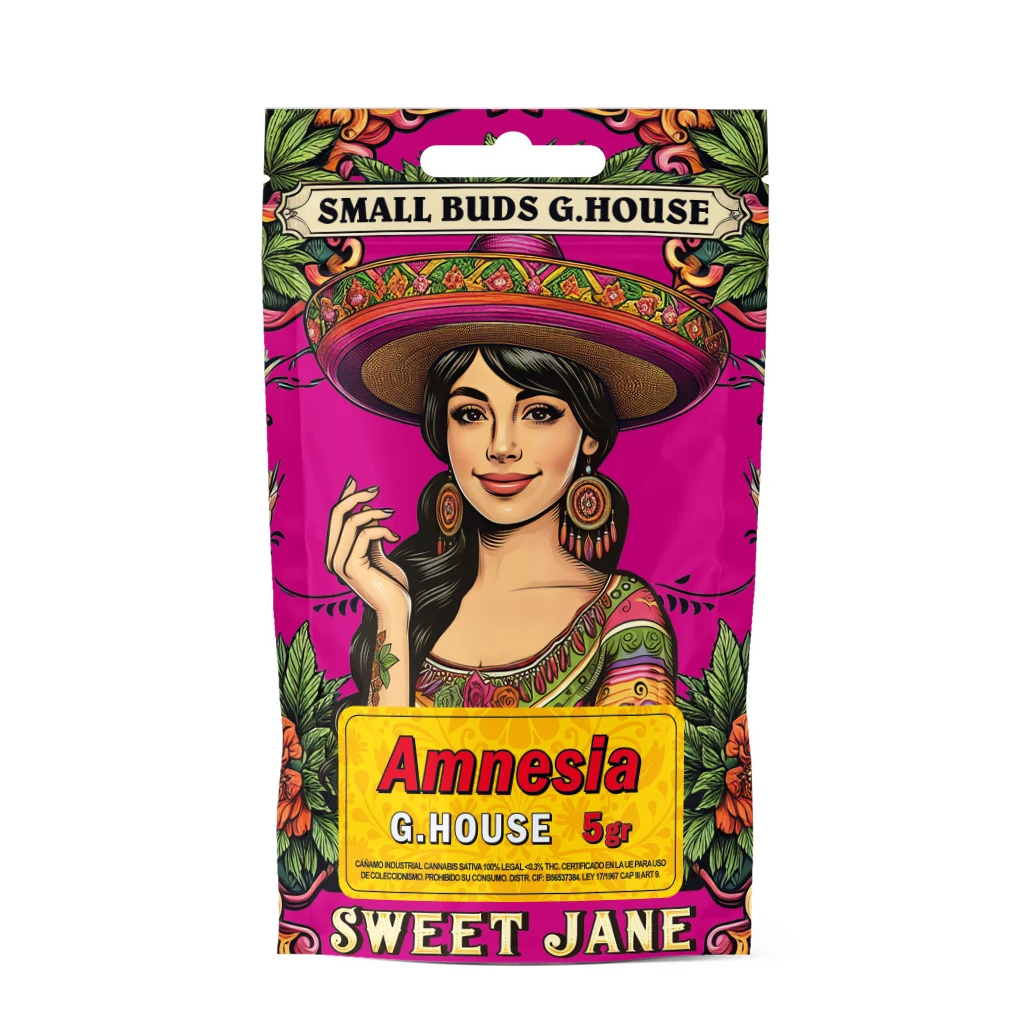 Bolsa rosa de Sweet Jane Small Buds Amnesia, con una mujer ilustrada con sombrero y etiqueta amarilla G.HOUSE de 5 gr.