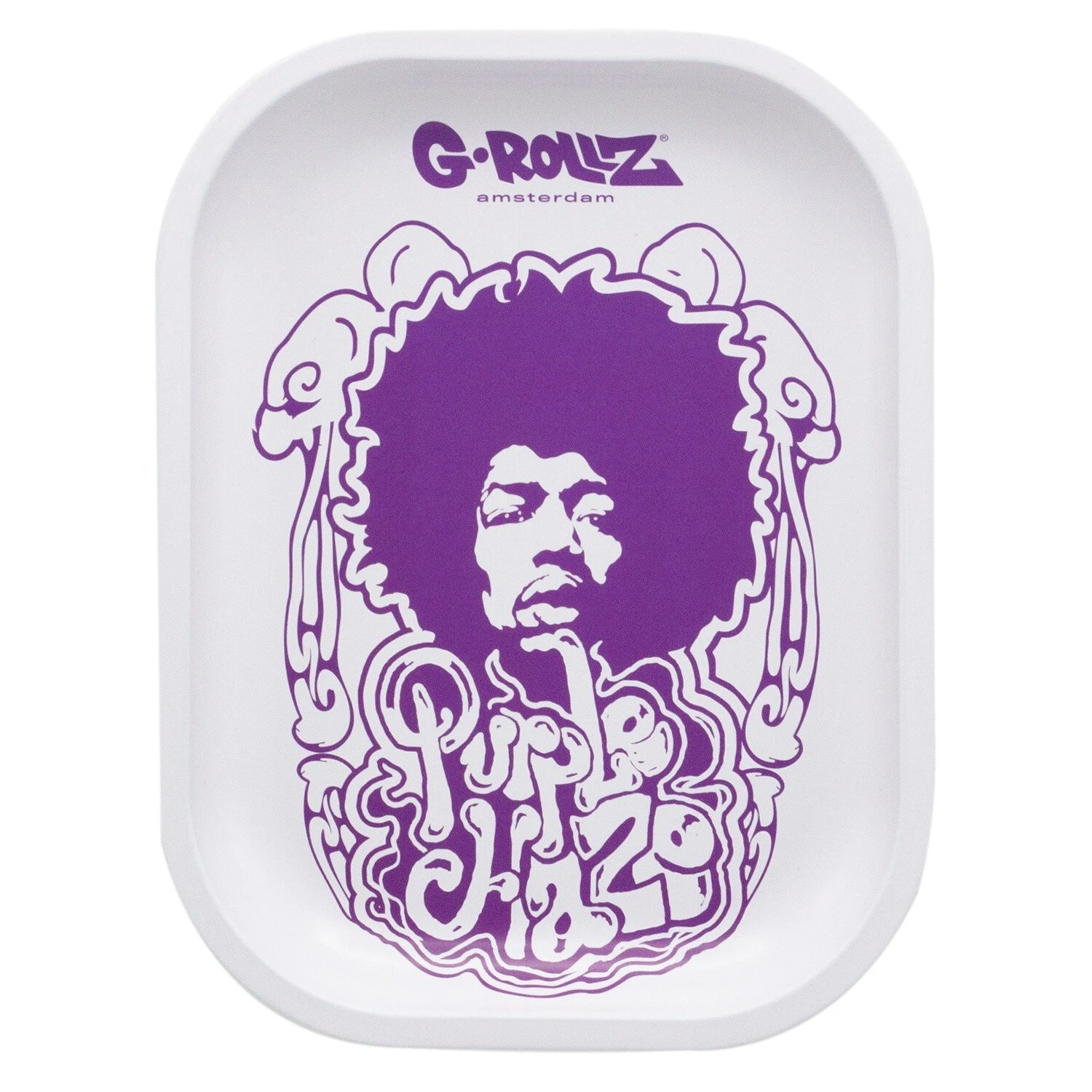 Bandeja blanca G-Rollz con retrato morado de Jimi Hendrix, marco ornamental y letras «Purple Haze», vista desde arriba.
