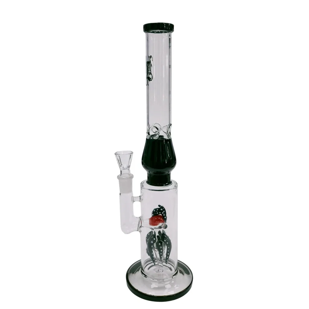 Bong de cristal Octopus con tubo alto, detalles verde oscuro, base circular y figura de pulpo en la cámara inferior.