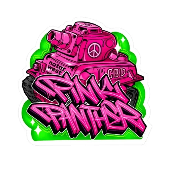 Diseño gráfico de Naturwest Pink Panther con tanque rosa, símbolo de paz y letras de estilo grafiti sobre fondo verde.