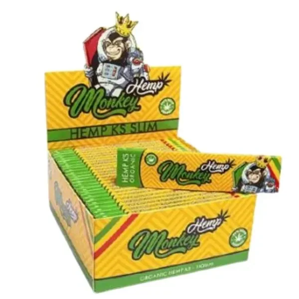 Expositor de papel Monkey King Size Slim Hemp con libritos amarillos y verdes y un mono coronado en el diseño.