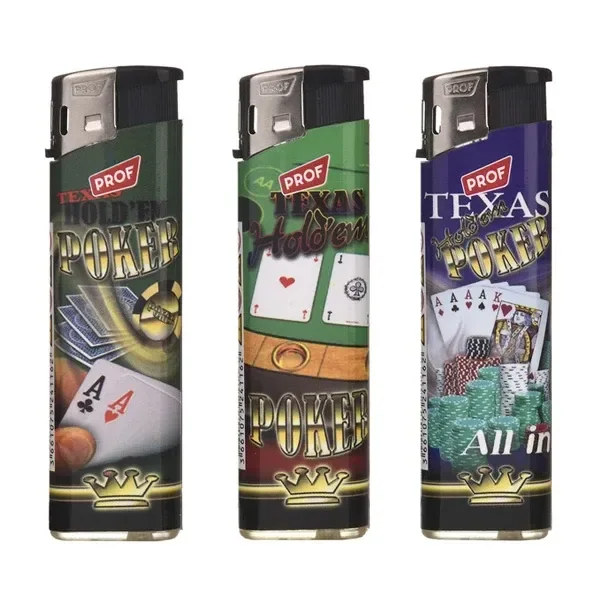 Mecheros PROF Poker de formato rectangular, con distintos diseños de cartas, fichas y textos de Texas Hold’em sobre fondos de colores.