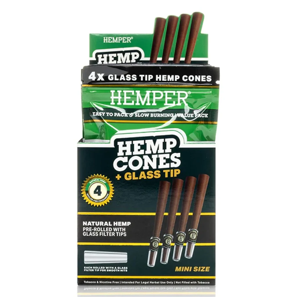 Envase verde y negro HEMPER Hemp Cones con conos marrones y boquillas de vidrio representados; muestra los textos «4x» y «Mini Size».