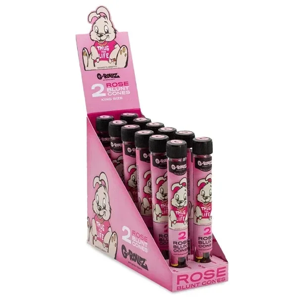 Expositor rosa de conos G-Rollz Rose Thug for Life, con tubos de tapón negro decorados con un conejo y el texto «2 Rose Blunt Cones».