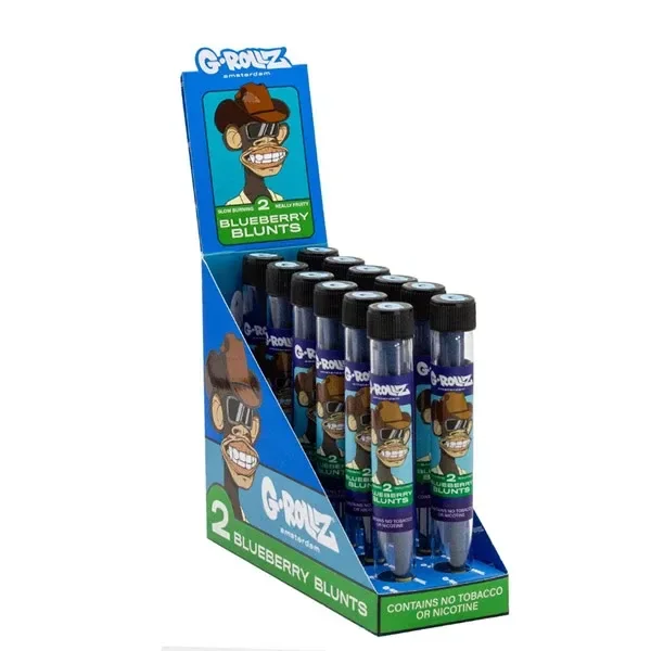 Expositor azul de blunts G-Rollz Hemp Ape Blueberry, con tubos transparentes de tapa negra y etiquetas con un simio ilustrado.