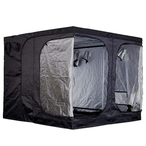 Armario Mammoth Pro+ 240 negro, con puertas abiertas, interior plateado reflectante y aberturas circulares en los laterales.