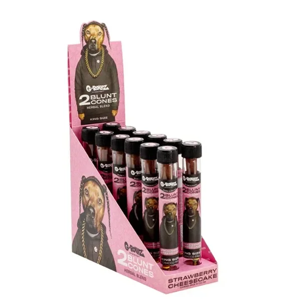 Expositor rosa de conos G-Rollz Strawberry Cheesecake, con tubos de tapón negro y dibujos de un perro con cadena dorada.