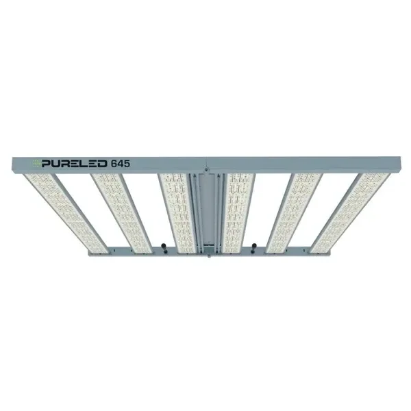 Luminaria Led Pure 645W vista desde abajo, con barras paralelas de diodos y estructura gris sobre fondo blanco.