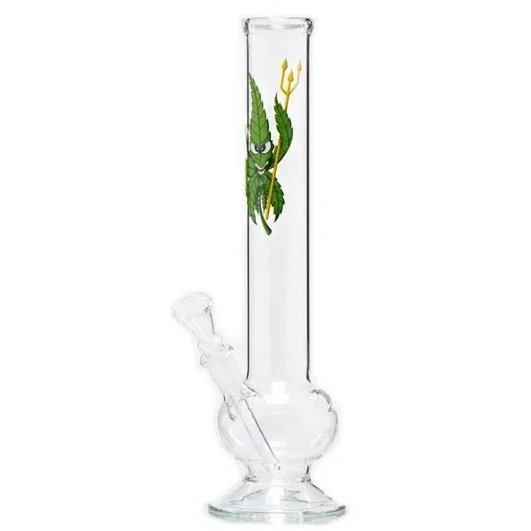 Bong transparente Leaf Devil de tubo recto, cámara redondeada y base circular, con cazoleta lateral y dibujo de hoja con tridente.