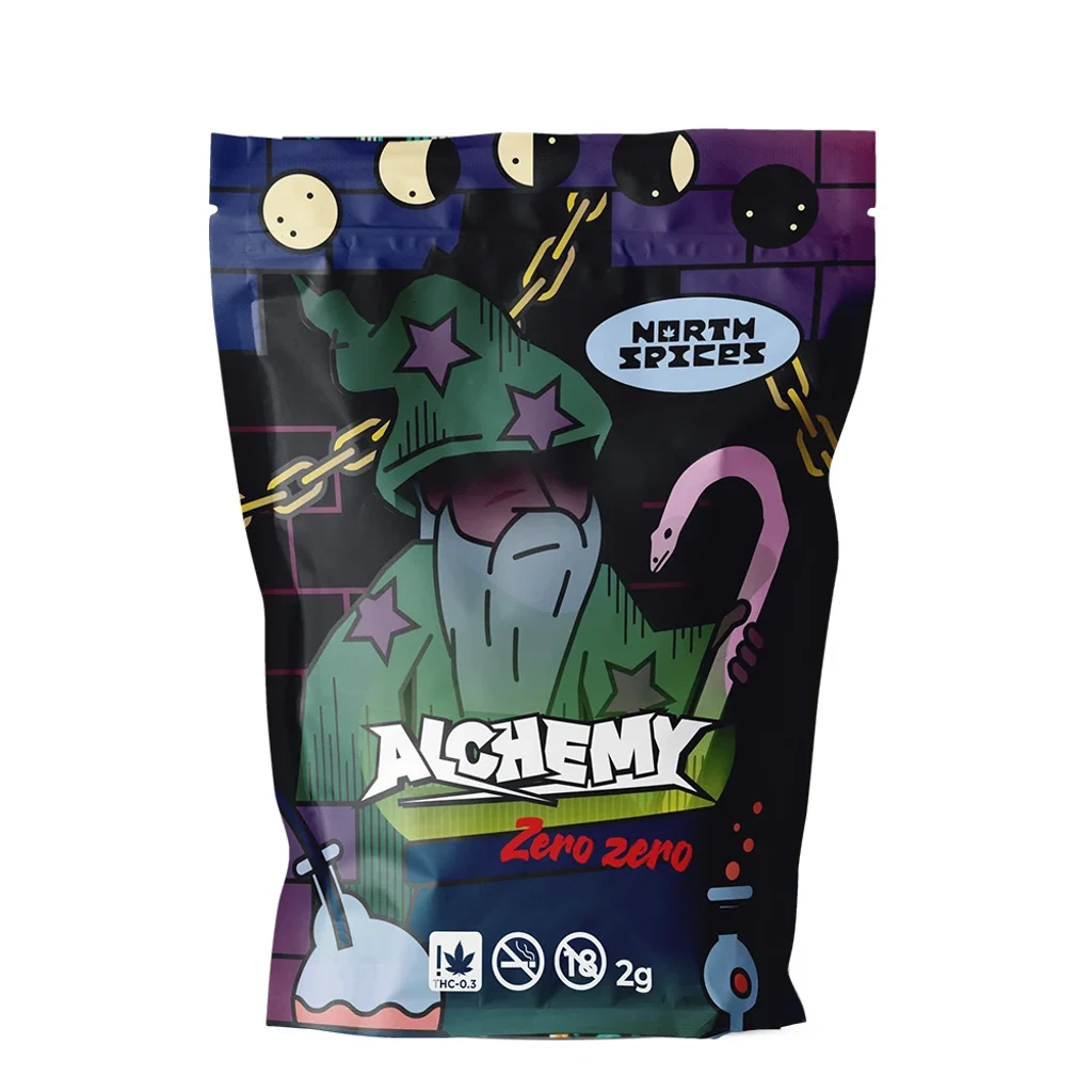 Bolsa de North Spices Alchemy Zero zero con un mago ilustrado en verde y morado y la indicación de 2 g sobre fondo blanco.