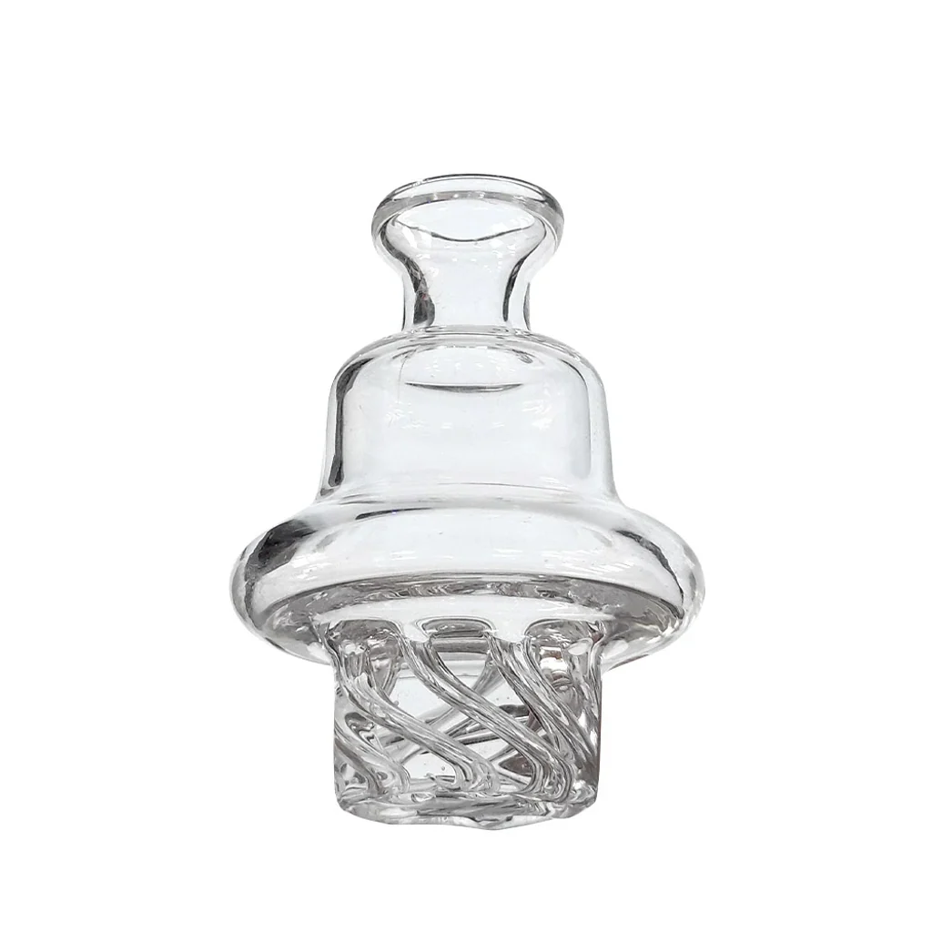 Carb Cup Cristal Cyclone Riptide Clear transparente, con abertura superior, cuerpo acampanado y conductos curvos entrelazados en la base.