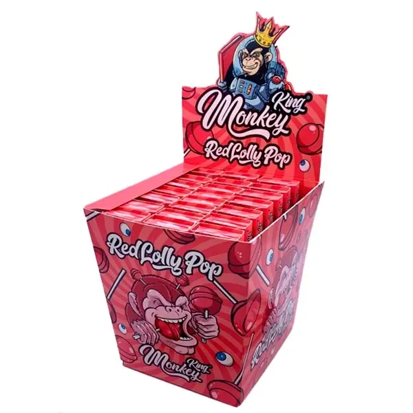 Expositor rojo de papel Monkey King con varias unidades, texto «Red Lolly Pop» y dibujos de piruletas y monos con corona.