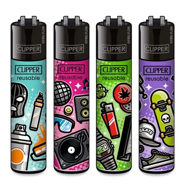 Selección de mecheros Clipper Classic Subculture con diseños turquesa, rosa, verde y morado de temática urbana, musical y skate. Selección de mecheros Clipper Classic Subculture con diseños turquesa, rosa, verde y morado de temática urbana, musical y skate.