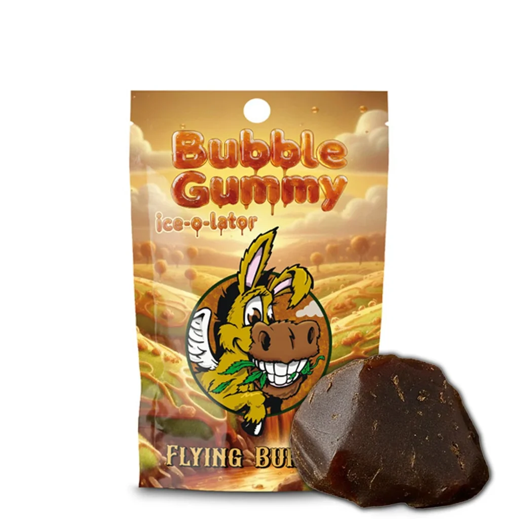 Bloque marrón oscuro de CBD Hash Flying Burrito delante de una bolsa Bubble Gummy Ice-o-lator con un burro ilustrado.