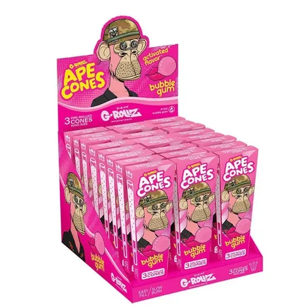 Expositor rosa de conos G-Rollz Ape Cones Bubblegum, con cajas ilustradas con un simio con gorra y un globo de chicle.