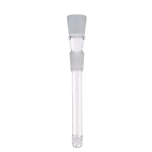 Tubo difusor de cristal transparente para bong, en vertical, con uniones esmeriladas en la parte superior y orificios en el extremo inferior.