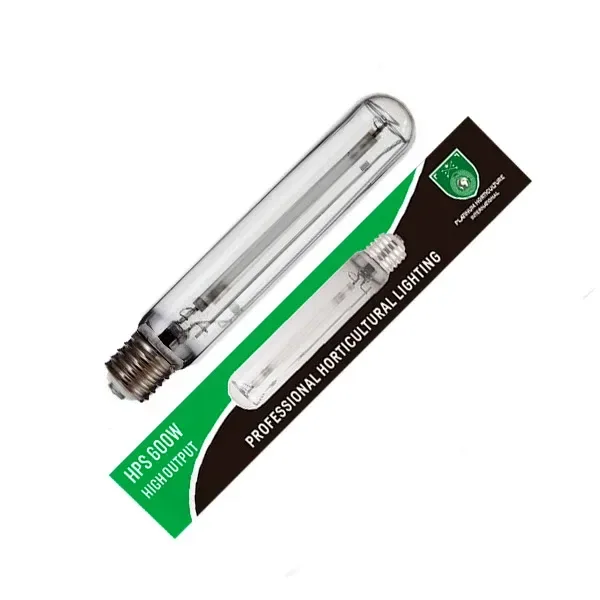 Bombilla tubular HPS Platinum 600 W con casquillo de rosca, colocada en diagonal junto a su caja verde y negra sobre fondo blanco.