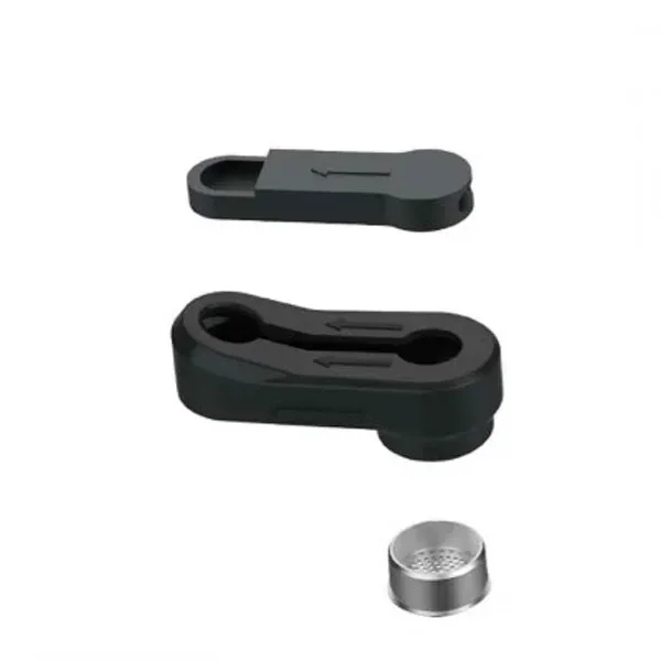 Piezas del set de juntas, rejilla y airflow X-max Fog Pro: componentes negros alargados con flechas y una pieza circular plateada perforada.