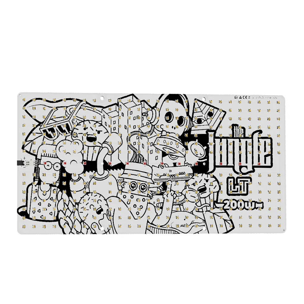 Panel LED Jungle Jackson LT rectangular con diodos distribuidos sobre dibujos de personajes y el logotipo Jungle, sobre fondo blanco.