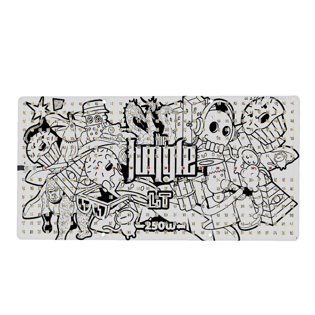 Panel LED Jungle Jackson LT rectangular, con numerosos diodos y dibujos en blanco y negro alrededor del logotipo central.