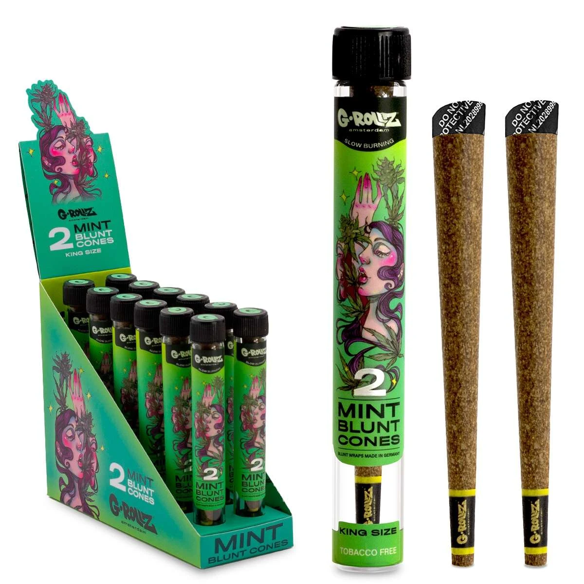 Conos G-Rollz Mint marrones junto a un tubo de etiqueta verde ilustrada y un expositor con varias unidades sobre fondo blanco.