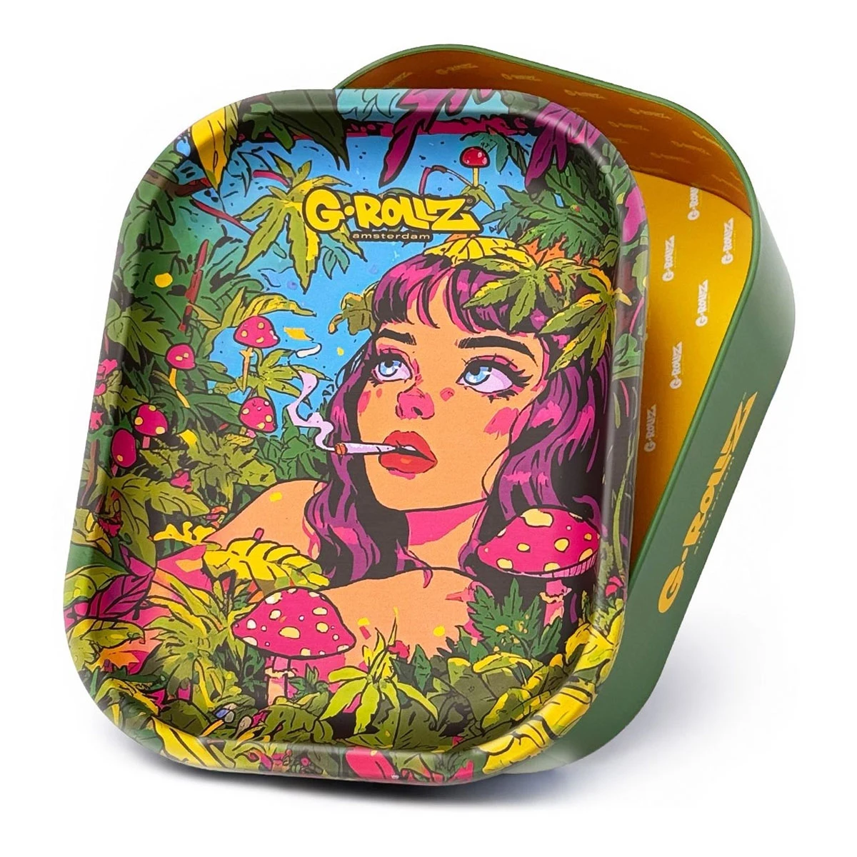 Bandeja y caja Jungle de G-Rollz, con ilustración multicolor de una mujer entre hojas y setas; caja verde abierta detrás.