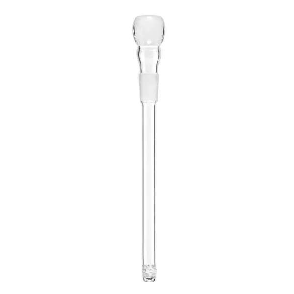 Tubo difusor de cristal transparente para bong, alargado, con boca ensanchada, junta esmerilada y pequeñas aberturas en el extremo inferior.