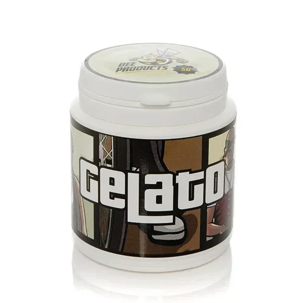 Bote blanco de CBD Bee Gelato con tapa cerrada, etiqueta ilustrada y el nombre Gelato en letras grandes, sobre fondo blanco.