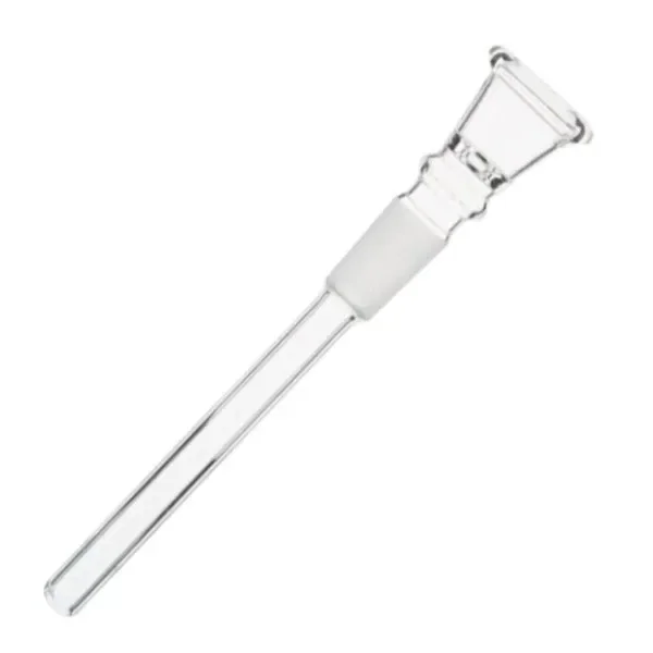 Cazoleta de cristal transparente con tubo largo y unión esmerilada, colocada en diagonal sobre fondo blanco.