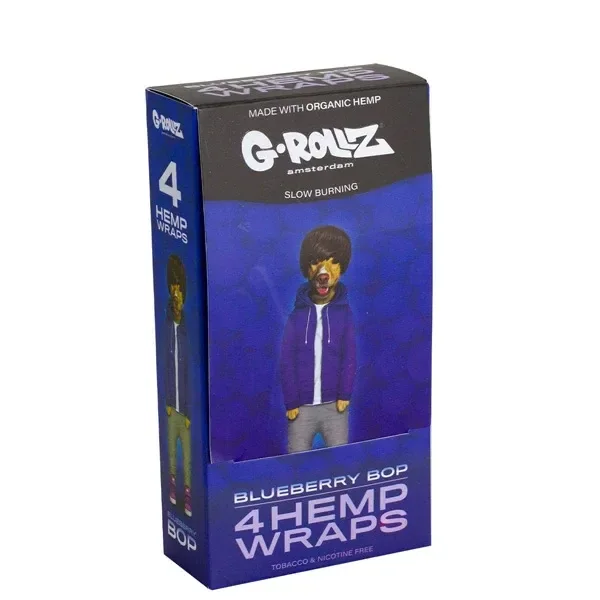 Caja azul y morada de G-Rollz Blueberry Bop, con un personaje ilustrado y el texto «4 Hemp Wraps» en el frontal.