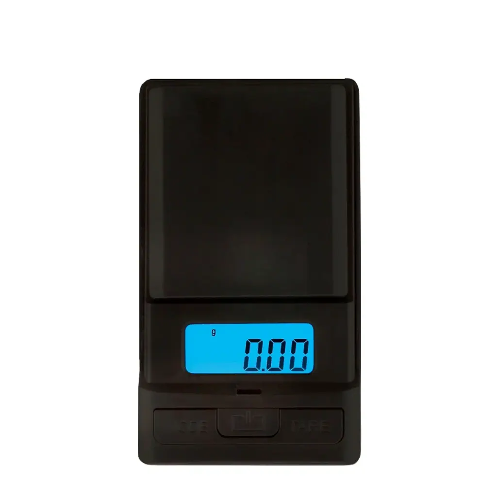 Báscula digital USA Weight New Mexico 100 negra, vista desde arriba, con plataforma rectangular y pantalla azul que marca 0.00 g. Báscula digital USA Weight New Mexico 100 negra, vista desde arriba, con plataforma rectangular y pantalla azul que marca 0.00 g.