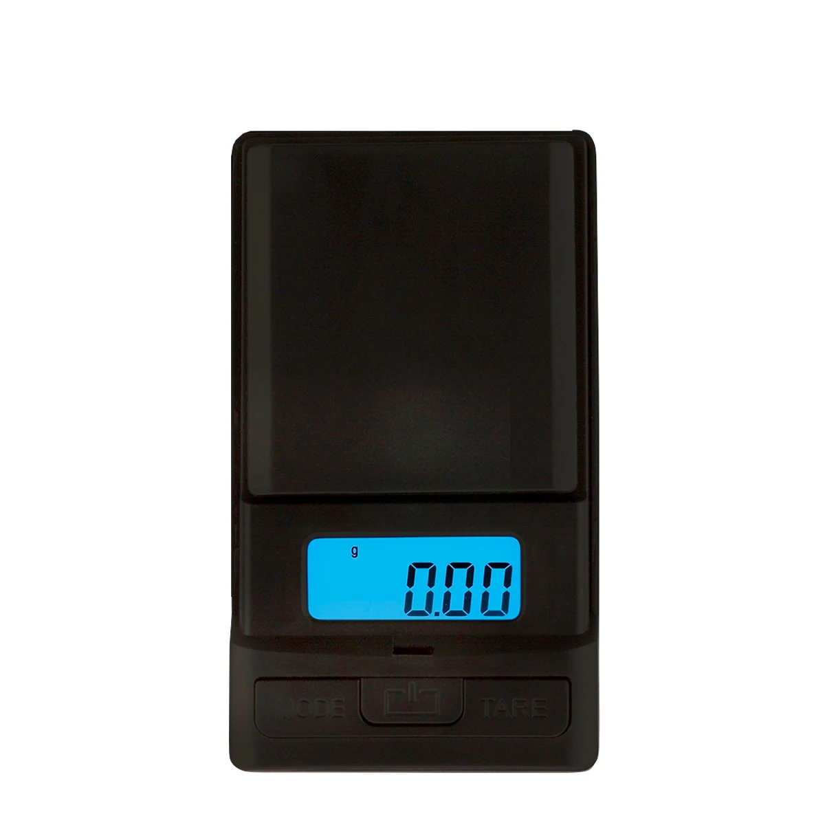 Báscula digital USA Weight New Mexico 100 negra, vista desde arriba, con plataforma rectangular y pantalla azul que marca 0.00 g.